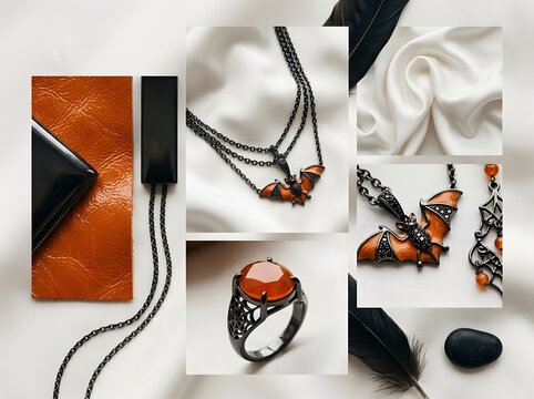 Set of halloween bat jewelry with orange gemstone ring necklace and earrings for party