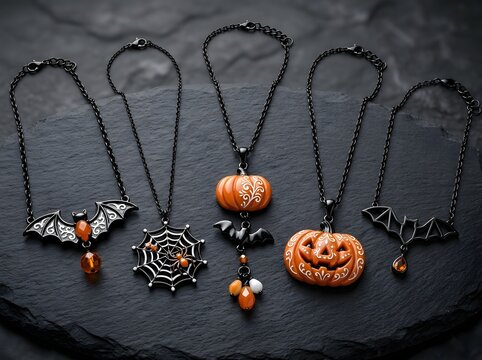 Five spooky halloween necklaces with pumpkins bats and spider webs on dark stone table