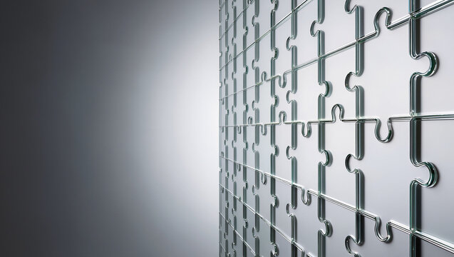 Transparent glass puzzle wall in perspective on a gray background, business structure and system concept with dramatic depth and copy space