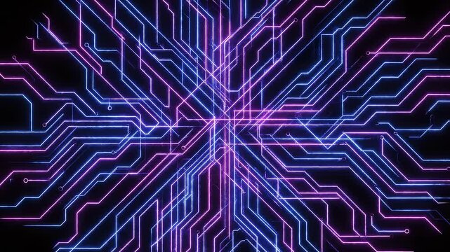 Abstract digital circuit growth with glowing neon lines in pulsing cosmic energy during a technological evolution