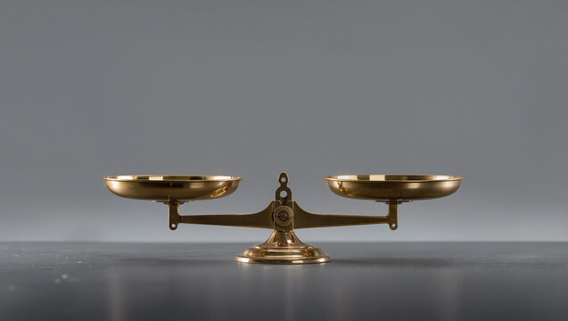 Golden balance scale with empty pans on a gray background, business balance and fair decision concept with soft light and copy space