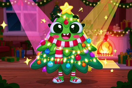 Cheerful Christmas Tree Cartoon Character Dancing in Cozy Holiday Room with Gifts