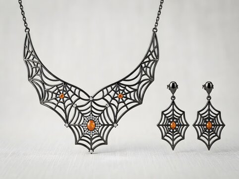 Black spider web necklace and matching earrings set for a stylish gothic fashion look