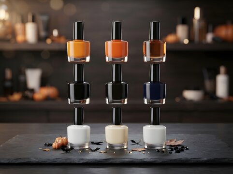 Three stacks of colorful nail polish bottles arranged on a dark stone surface in a studio