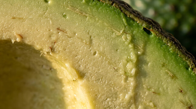 Close-up macro view of ripe avocado flesh and green peel texture