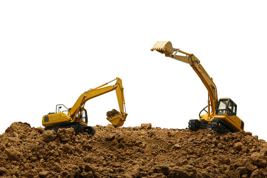 Two Crawler Excavators  is digging soil in the construction site on isolated white background.