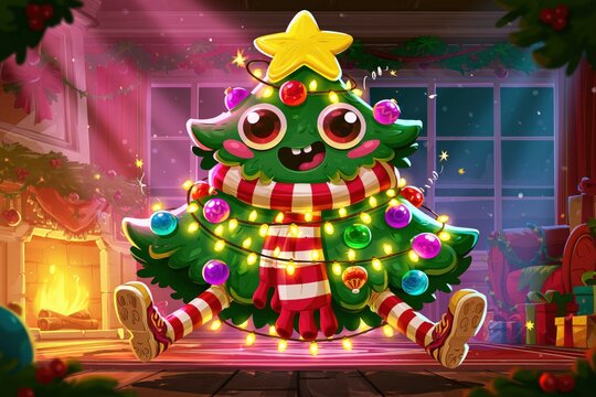 Cheerful Christmas Tree Cartoon Character Dancing in Cozy Holiday Room with Gifts