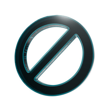 Glass prohibition circle slash with dark center and glowing teal border in three-dimensional style stop