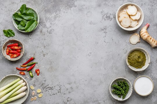 Various fresh and sliced herbs and spices arranged in bowls on a gray textured background.