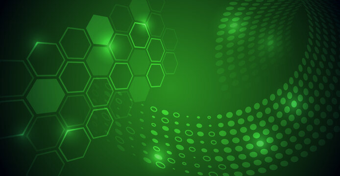 Abstract green technology background featuring glowing hexagonal patterns and flowing dotted waves, creating a futuristic digital atmosphere for science, innovation biotechnology and modern technology