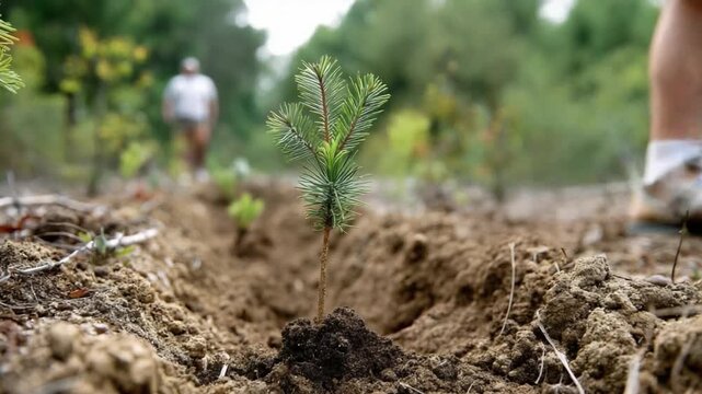 Planting a Seedling: A small pine seedling is carefully planted in fertile soil, with a blurry figure in the background, symbolizing growth and environmental stewardship.