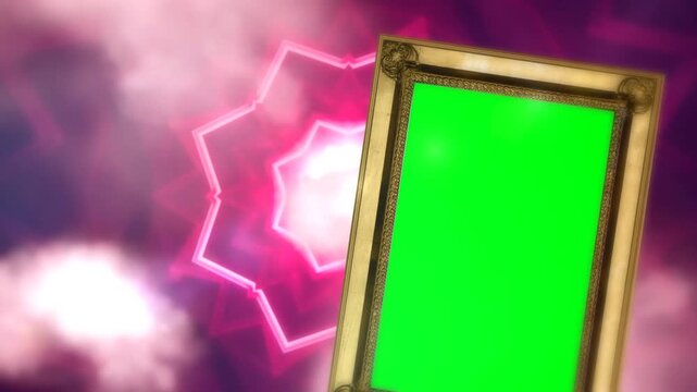 Antique Gold Picture Frame Chroma Key Overlay with Glowing Magenta Star Motion Background