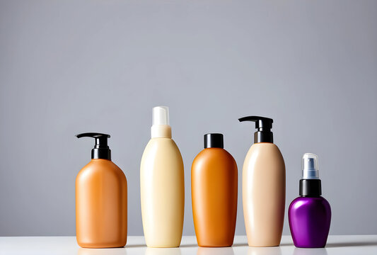 Beauty product packaging and cosmetic branding, diverse shampoo and lotion bottles for personal care and wellness
