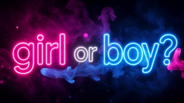 Gender reveal party invitation with pink and blue neon light on a dark background with smoke