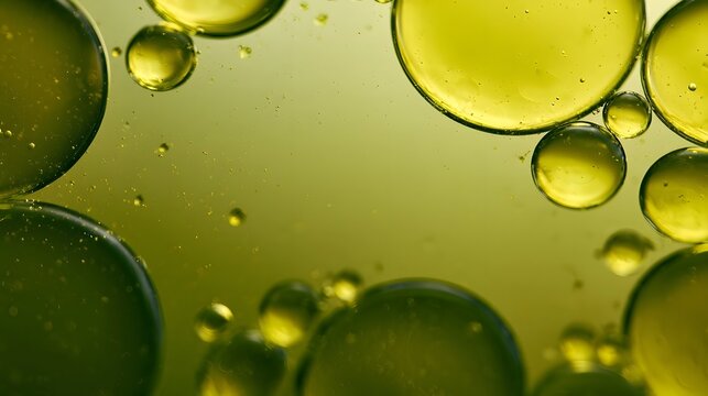 Golden oil droplets float in a viscous liquid  refracting light with soft highlights and subtle shadows
