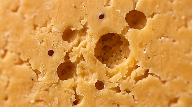 Close-up of aged cheese texture with holes and imperfections, macro detail