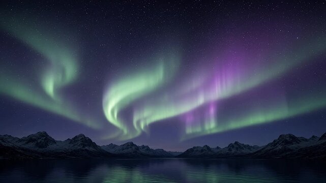 Dancing purple and green aurora borealis reflecting on a tranquil mountain lake under a starry night sky in the arctic