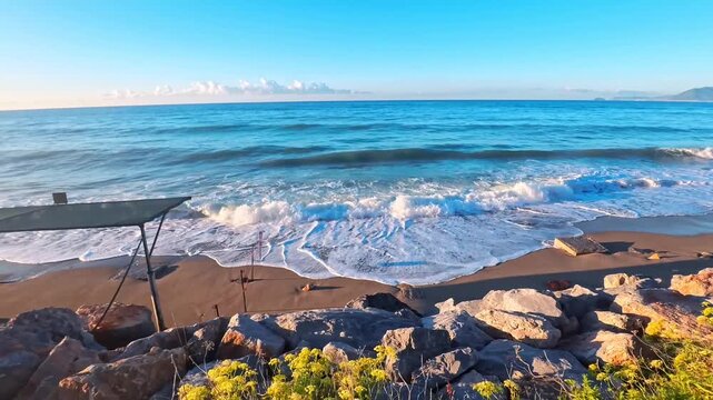 High Tide Waves Breaking on a Sandy Beach, Borgio Verezzi, Italy - SIDE POV VIDEO