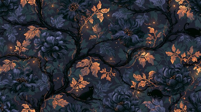 Dark floral seamless pattern with black cats and glowing fireflies in a mystical forest atmosphere for luxury wallpaper and textile design