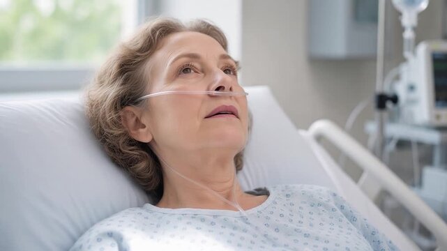 Recovering senior woman with nasal cannula waking up in hospital bed and showing signs of sadness and despair
