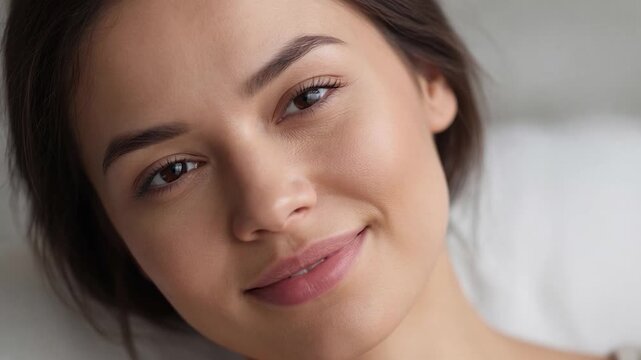 Beautiful young woman waking up in the morning, smiling and looking at camera with healthy glowing natural skin