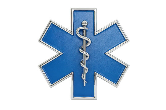 A blue star of life medical symbol featuring a silver metallic caduceus emblem in the center, isolated on a solid black background, for clarity