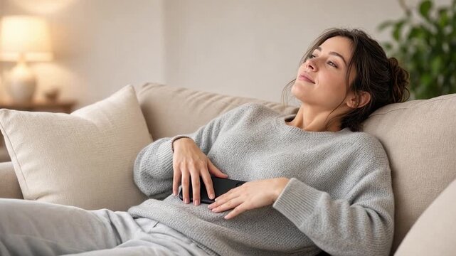 Relaxed woman using smartphone before sleeping on a cozy sofa at home in the living room while taking a restful nap