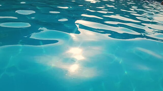 Close up of water caustics in bright blue swimming pool, rippling surface with glinting sunlight reflections, clear turquoise water motion in outdoor pool, relaxing summer vacation and resort