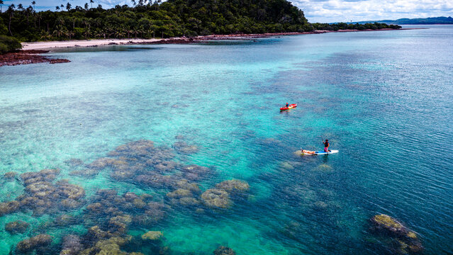 Top aerial view of Group of tourist are enjoy on water sport paddle sup-board with kayaking along at the edge of the sea beach under crystal clear of water in the island of summer trip