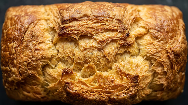 Close-up of golden-brown crusty bread loaf with detailed texture