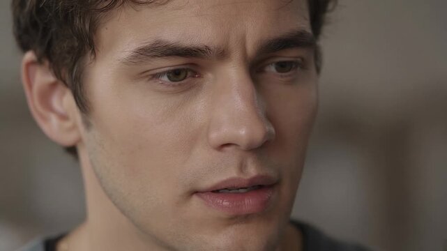 Close up portrait of a concerned young man processing difficult news and showing sadness and worry