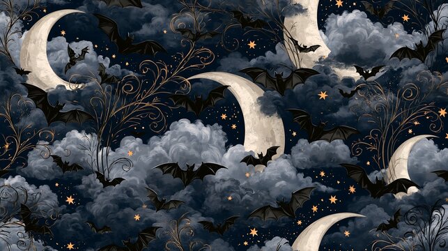Seamless Halloween pattern featuring dark bats flying against a celestial night sky with crescent moons and shimmering gold stars in clouds