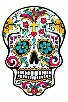 Vibrant Ornate Mexican-Inspired Death Mask with Cross Heart and Floral Details on White
