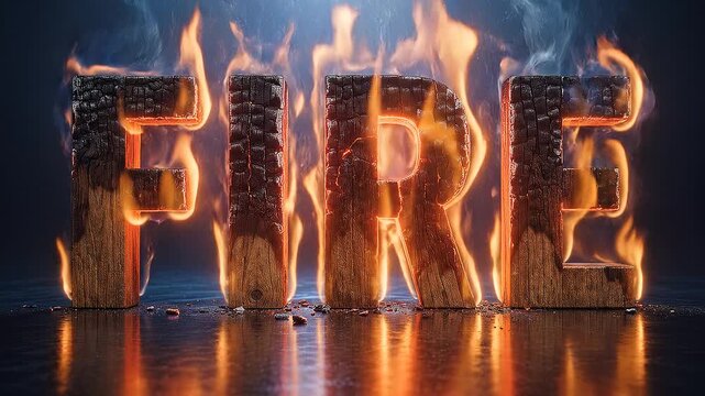 Wooden FIRE Word Igniting in Flames as Climate Crisis Concept
