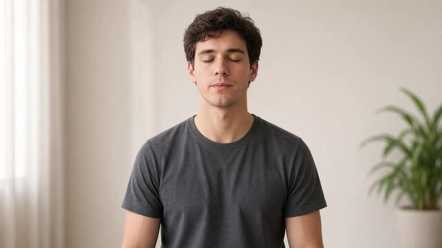 Young man meditating, breathing deeply for stress relief and mindfulness, practicing yoga at home for mental health and relaxation