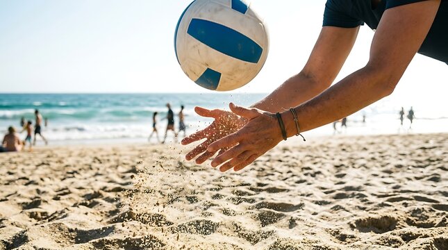 Close up of hands reaching for a volleyball on a sandy beach with ocean and people in background