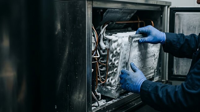 Technician in blue gloves inspects a heavily frosted refrigeration unit coil