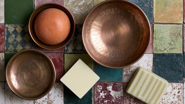 hamam. Copper bowls and soap arranged on a colorful tiled surface. menu design, packaging mockups, recipe cards, designed for food delivery and cloud-kitchen brand materials, used by recruiters.