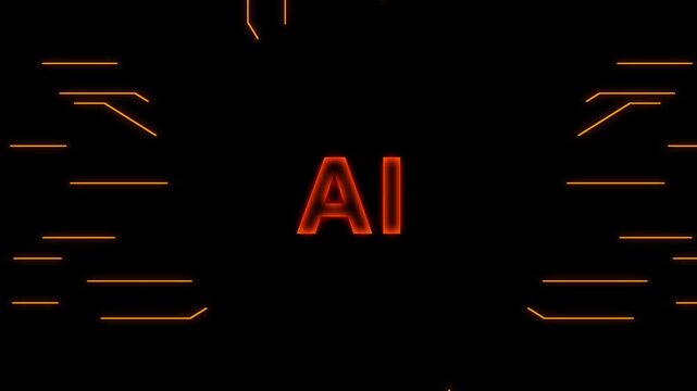 Vibrant AI text shines brightly in orange with radiating circuits. Smart machine learning animates around the AI text. Digital artificial intelligence drives this AI text.