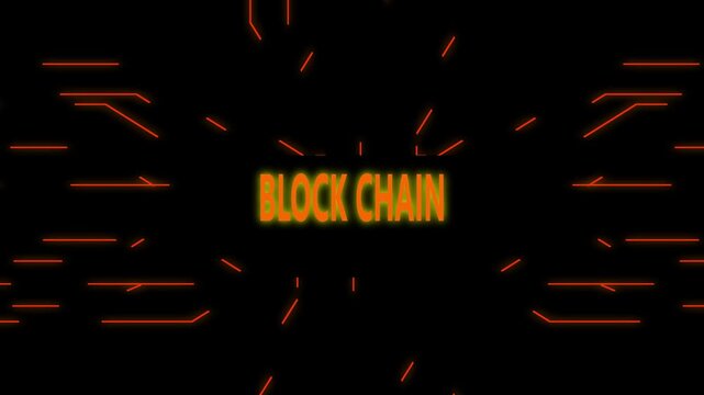 Blockchain text glows in green with radiant orange circuit traces. Modern decentralized data networks build the blockchain text. Encrypted cyber technology powers this blockchain text.