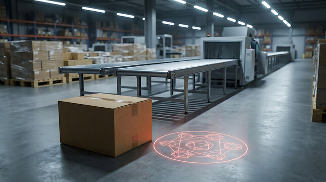 Cardboard box on warehouse floor with glowing red geometric security scanner overlay logistics shipping