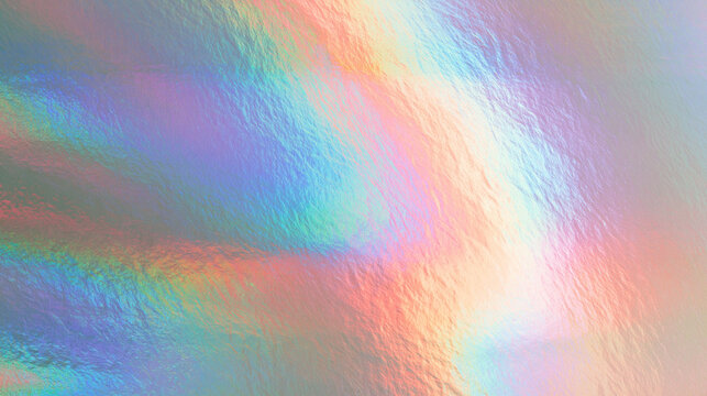 Holografische Metallfolie mit schillernden Regenbogenfarben und Lichtreflexionen, abstrakte Textur f&uuml;r moderne Designprojekte.