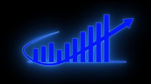 Blue neon bar graph animation rises with a glowing upward arrow. Profitable business investments track on the blue neon bar graph. Corporate revenue growth drives this blue neon bar graph.