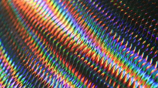 Holografische Textur mit regenbogenfarbenem Zickzackmuster und feinen Linien, schillernder abstrakter Hintergrund f&uuml;r kreative Projekte.
