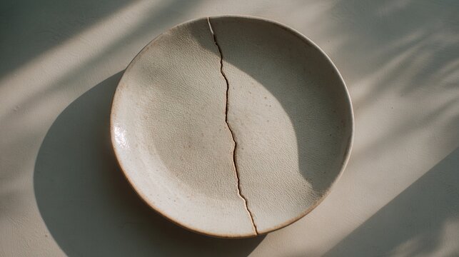 division. A ceramic plate with a clean crack, on a minimalist table. menu design, packaging mockups, designed for food delivery and cloud-kitchen brand materials, used by customer success managers.
