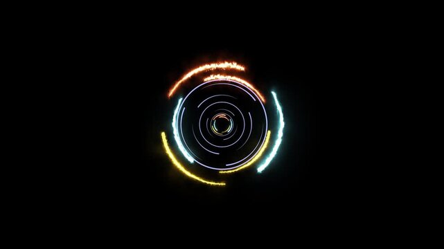 Fiery neon rings and concentric circles expand on pitch black. Dynamic glowing light bands pulse along the fiery neon rings. Futuristic energy graphics fill these fiery neon rings.
