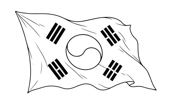 Black and white line art vector outline of the waving national flag of South Korea.