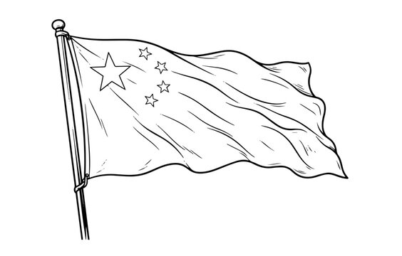 Line art drawing of the waving flag of China on a flagpole.