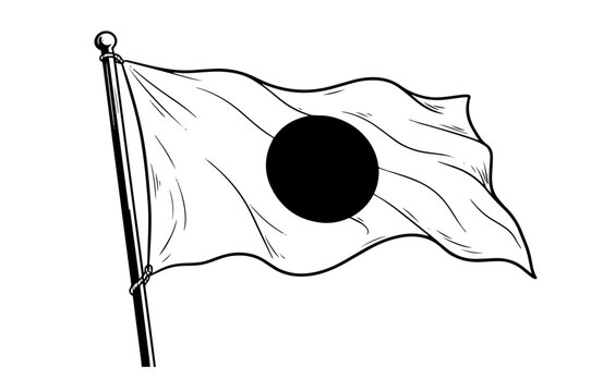 Line art drawing of the waving flag of Japan on a flagpole.