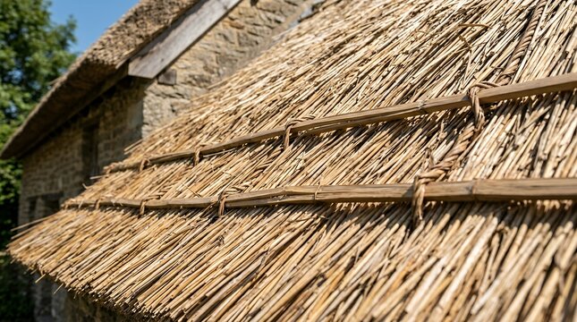 Detailed view of traditional straw roof construction showing organic fiber texture under bright natural sunlight thatched roof thatch rustic straw reed natural materials texture detailed close up